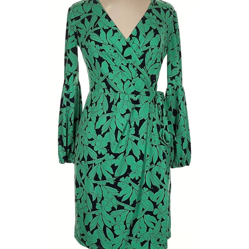 London Times Green and Blue Floral Timeless Faux Wrap Dress